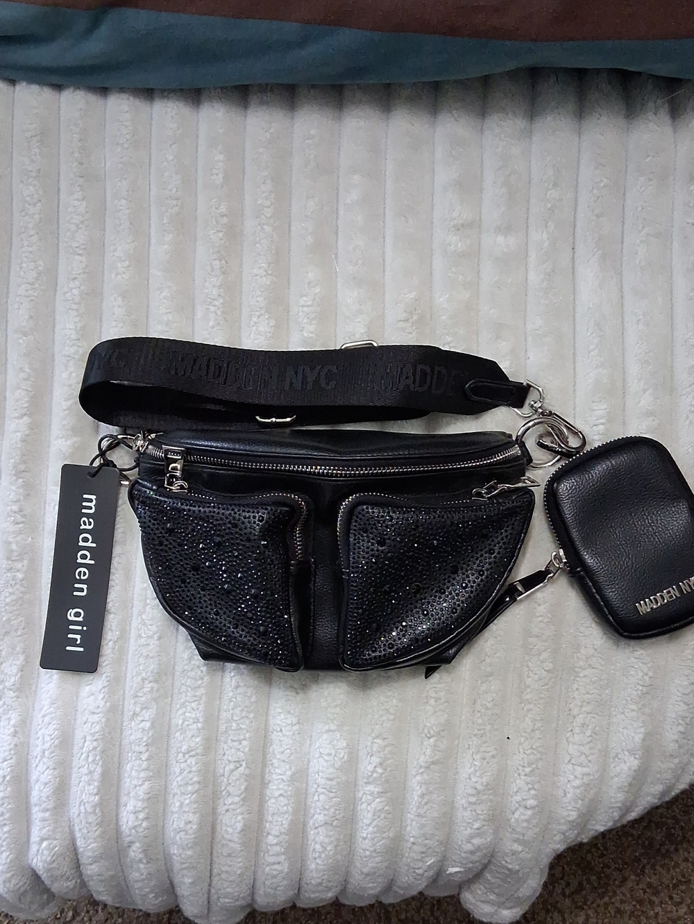 Madden NYC Black Sparkle Crossbody Belt Bag with Removable Pouch
